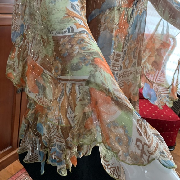 Boho style sheer tunic top ruffled loose sleeves brown orange blue flower US L - Picture 4 of 9